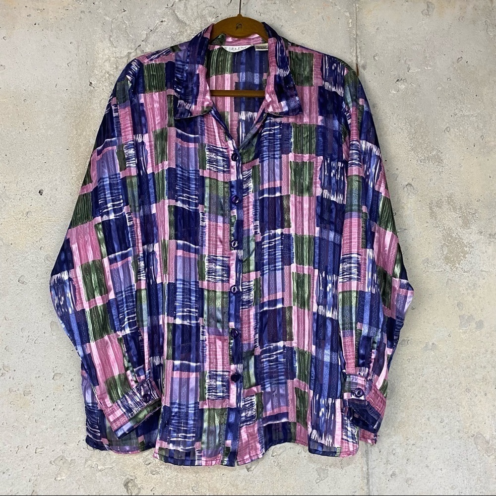 Vintage Selene purple pink colorblock abstract  button up shirt 2x